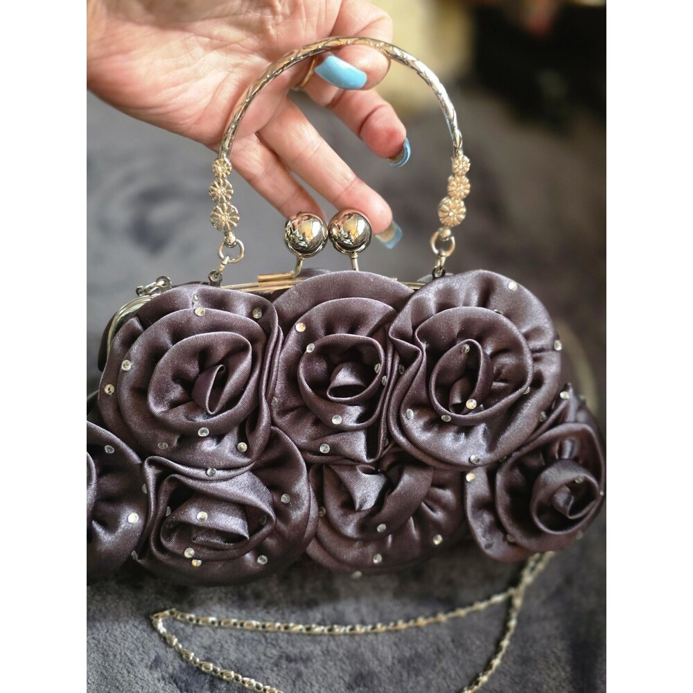 BEAUTIFUL GreyFloralSatin ROSES Evening Bag CLUTCH Purse SilverChainStrap EUC